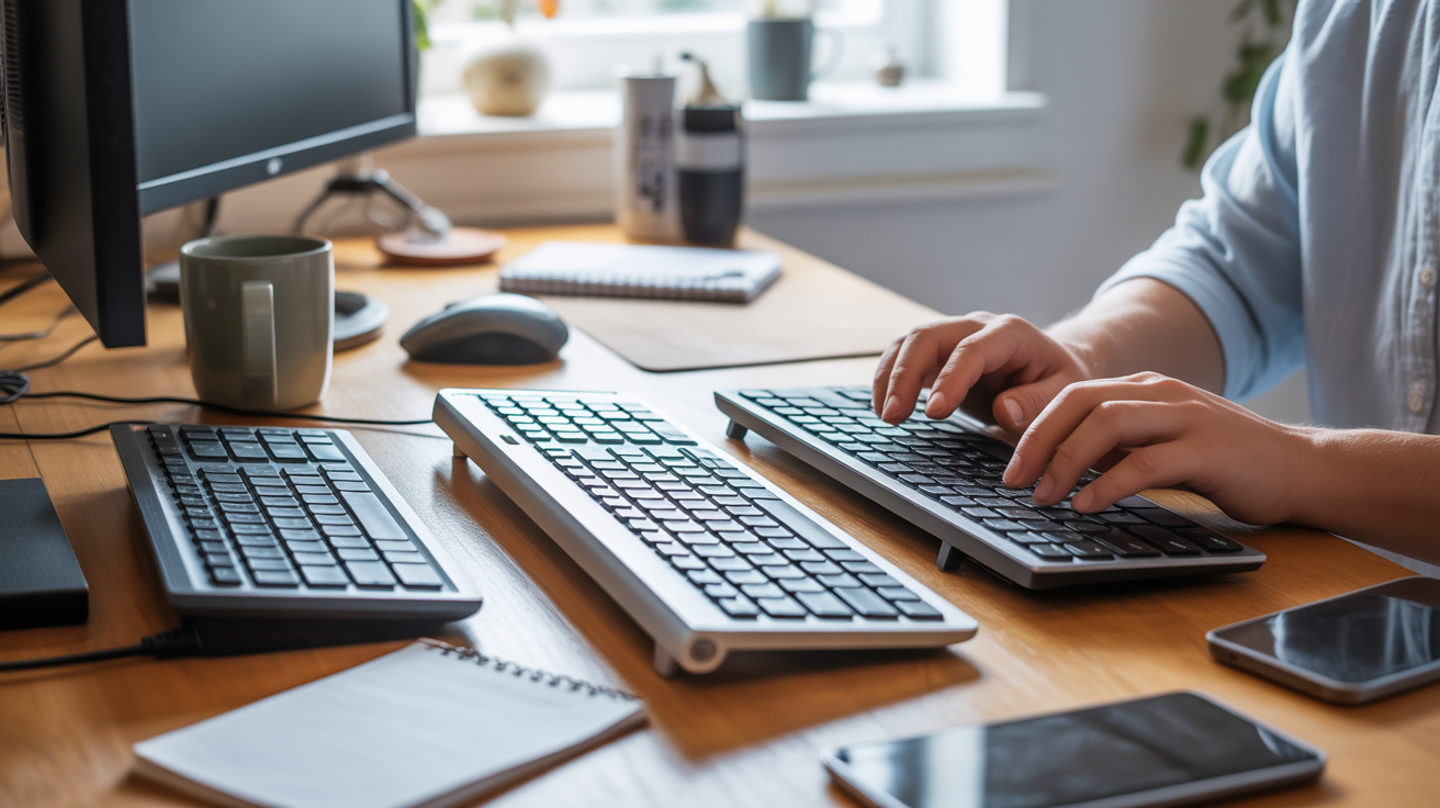 Photo réaliste et naturelle d’un bureau moderne avec plusieurs claviers d’ordinateur de styles variés, éclairé par une lumière naturelle, mettant en valeur un espace de travail authentique et vivant.