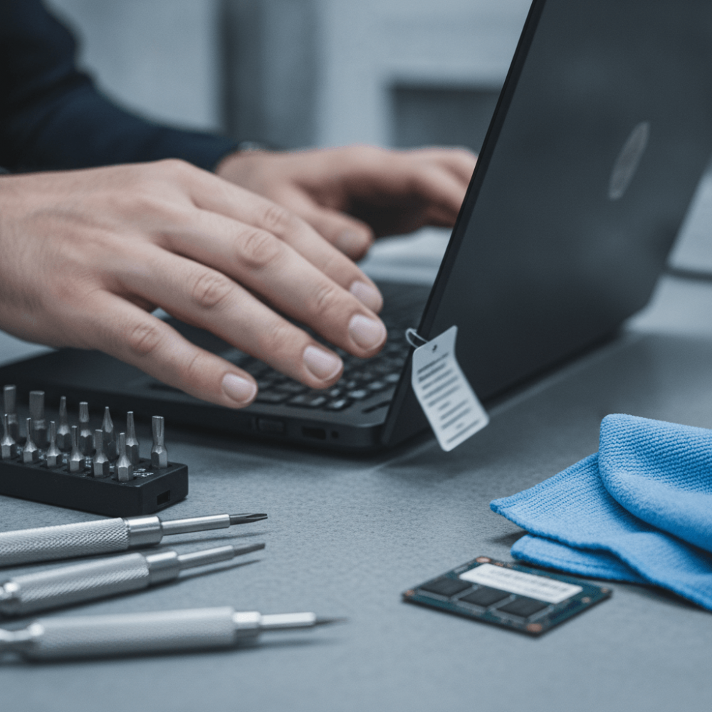 Technicien vérifiant la qualité d'un ordinateur portable reconditionné certifié avec outils de diagnostic lors du contrôle qualité